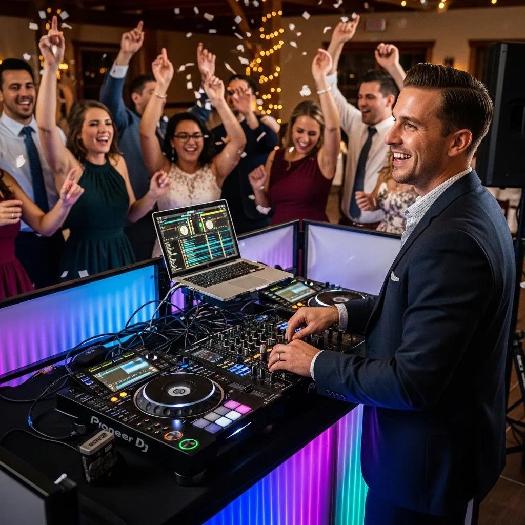 DJ performing at a lively school dance or wedding event in New Hampshire, with a joyful crowd dancing and cheering. The setup includes a professional DJ booth with colorful lights.