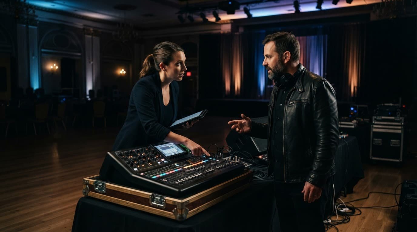 Two professionals review sound equipment in a hotel ballroom.