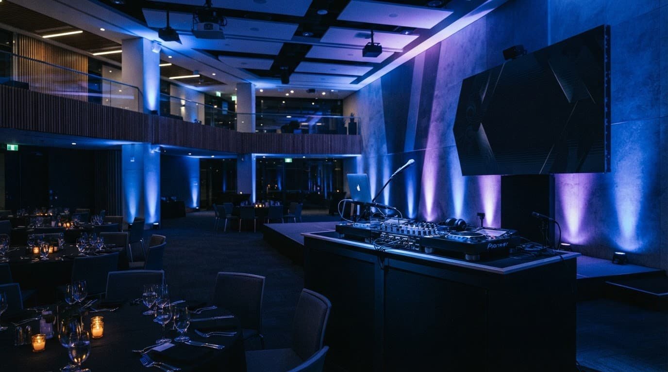 A DJ console glowing with LED lights in a modern conference venue.