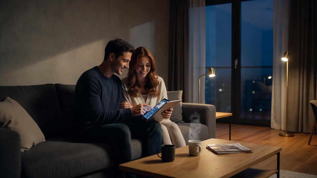 How to Choose Wedding Reception Entrance Songs That Fit You A young couple sits closely together on a gray modern sofa while viewing a tablet screen. They are focused on selecting songs, surrounded by a softly lit, cozy living room environment.