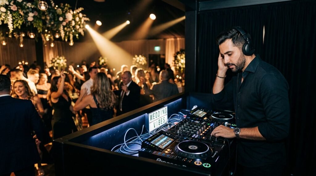 A professional DJ at an illuminated console during a festive wedding reception.