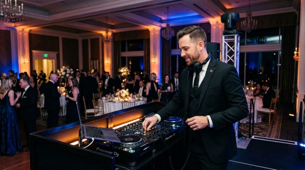 A suited DJ adjusts a console while guests mingle in a blue-and-amber ballroom.