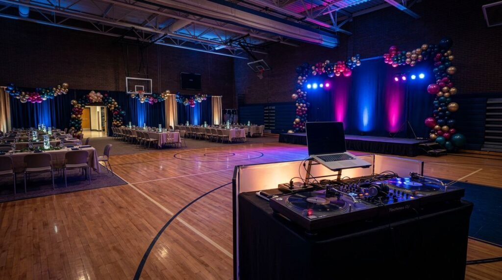 A DJ booth glows beneath blue and magenta lights in a decorated school gym.
