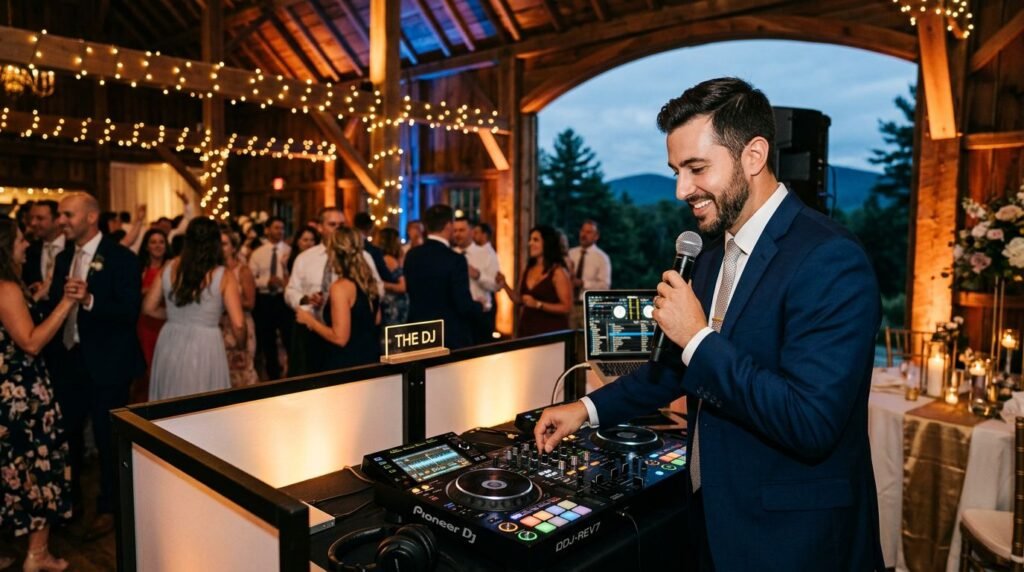 Wedding DJ mixing music at a warmly lit barn reception with dancing guests.