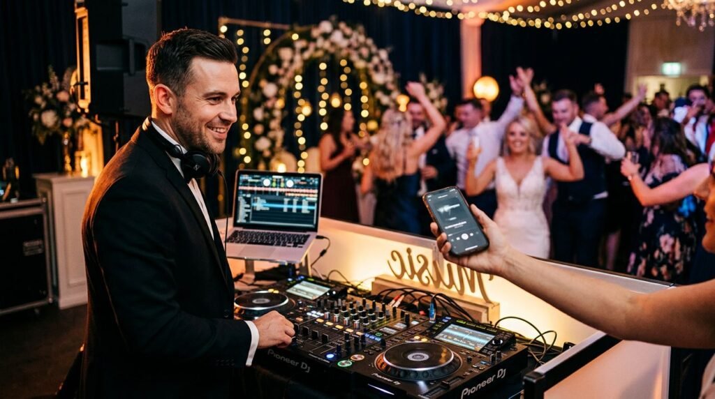 A smiling wedding DJ accepts a song request from a guest near the mixing console.