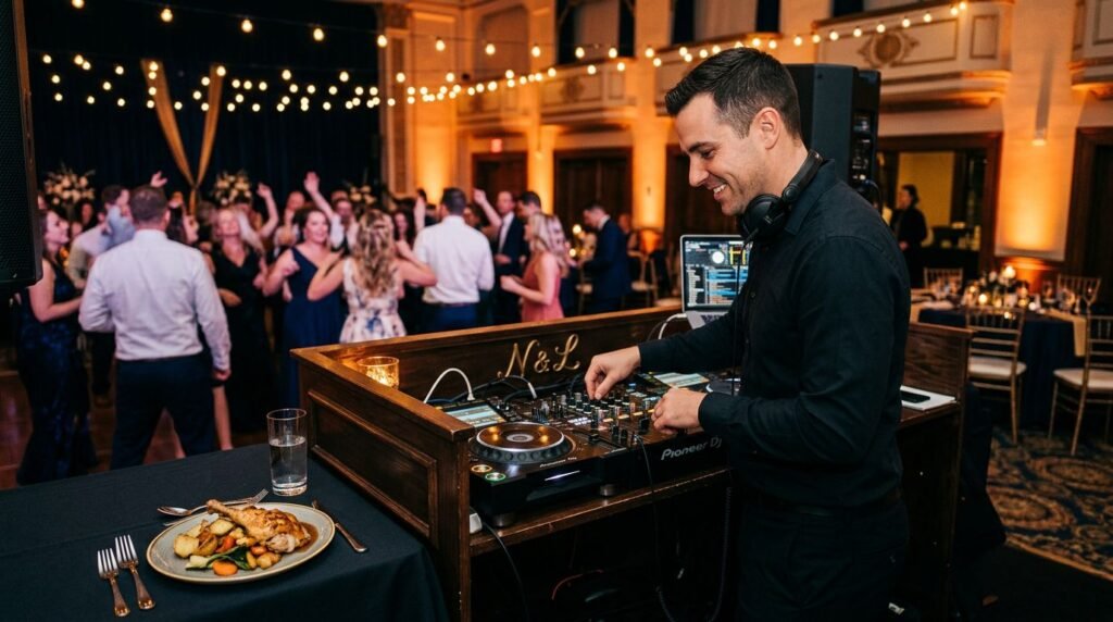 A professional wedding DJ at a mixing console with a vendor meal in the foreground.