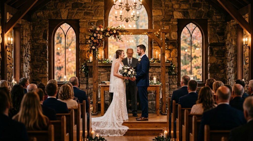 Bride and groom exchanging glances at the altar in a rustic chapel with seated guests.