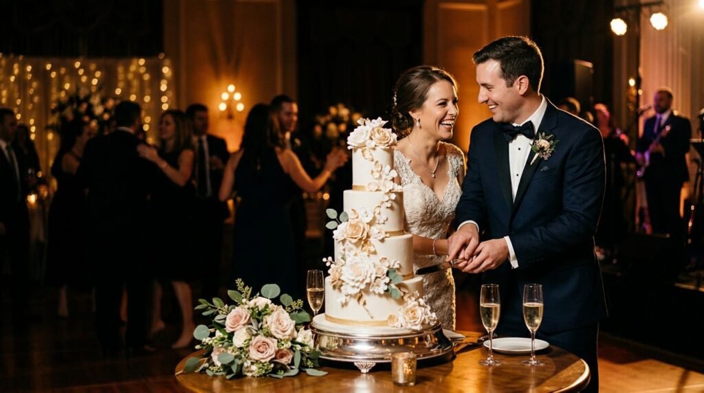 A smiling couple cuts a tiered wedding cake under warm golden lighting.