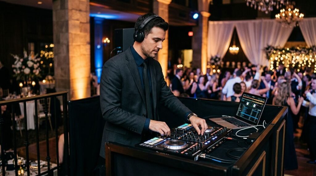 A professional DJ in a dark suit mixing music at a wedding reception.
