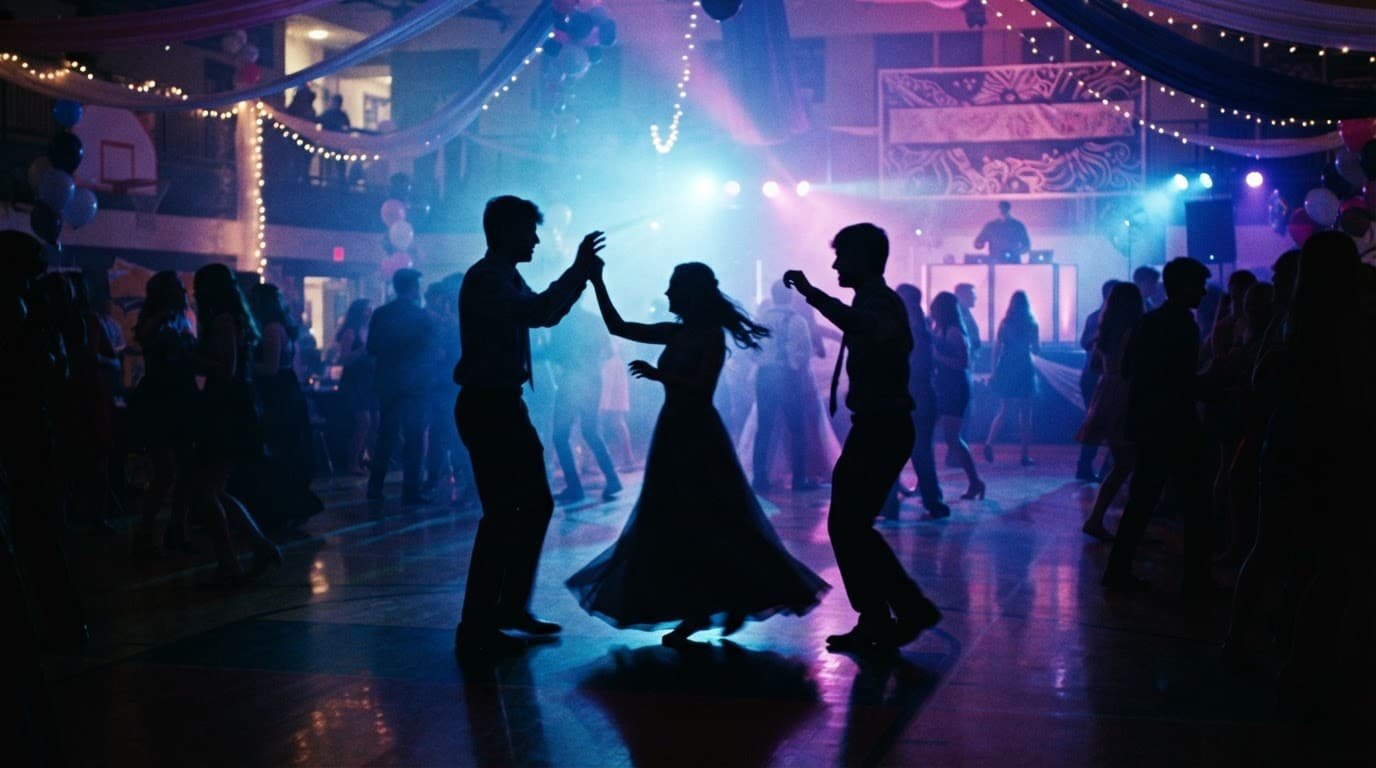 Three students dance on a brightly lit prom floor inside a decorated gymnasium.