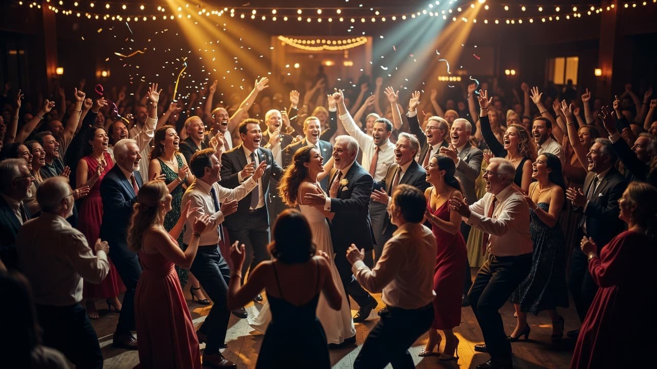 Wedding Last Dance Songs That End the Night Right Guests dancing and cheering on a crowded wedding reception dance floor.
