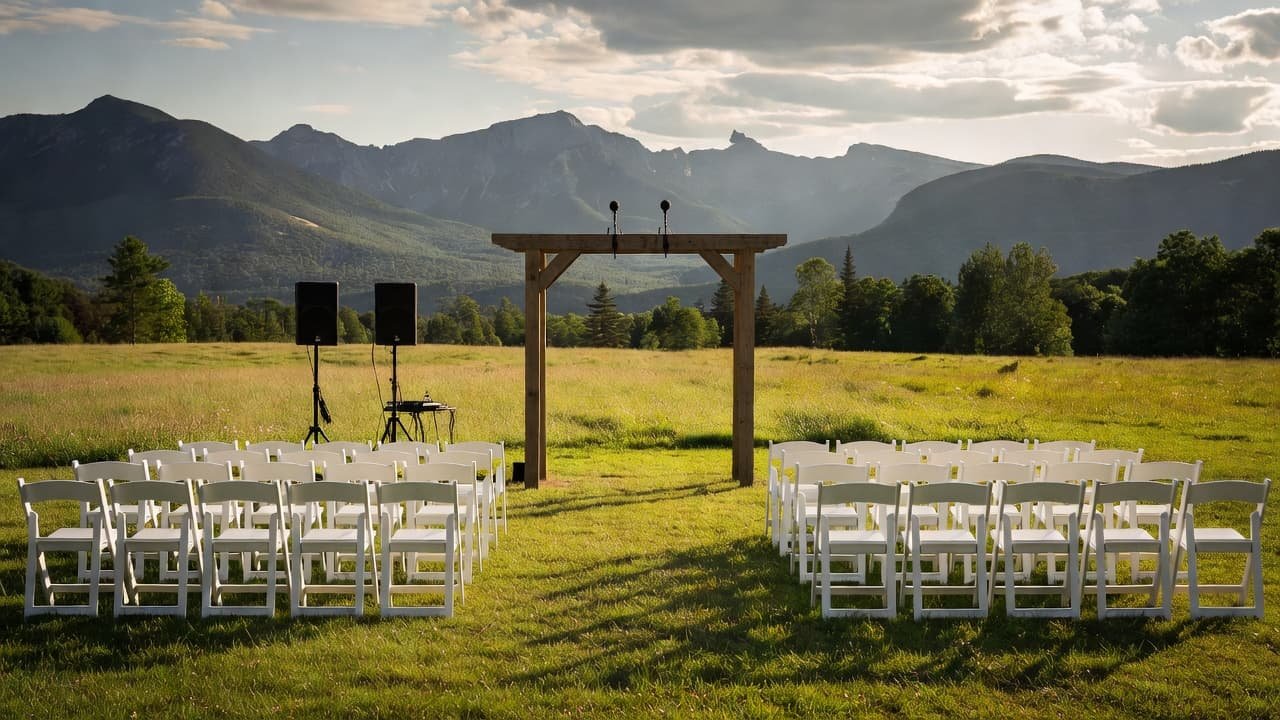 Sound speakers and a wooden arch set up on grass for an outdoor mountain wedding.