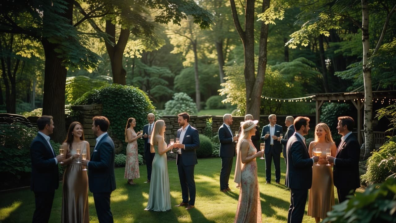Cocktail Hour Wedding Music for New Hampshire Couples Wedding guests socializing with cocktails in a sunny, tree-filled garden.