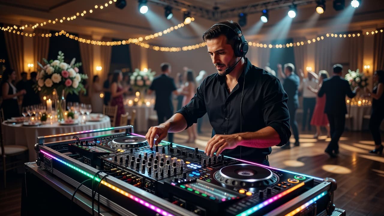 How to Choose Wedding Reception Entrance Songs That Fit You A focused DJ adjusts levels on a sleek, glowing audio console while vibrant LED lights illuminate the dark wedding reception hall behind him, creating a high-contrast and professional entertainment atmosphere.