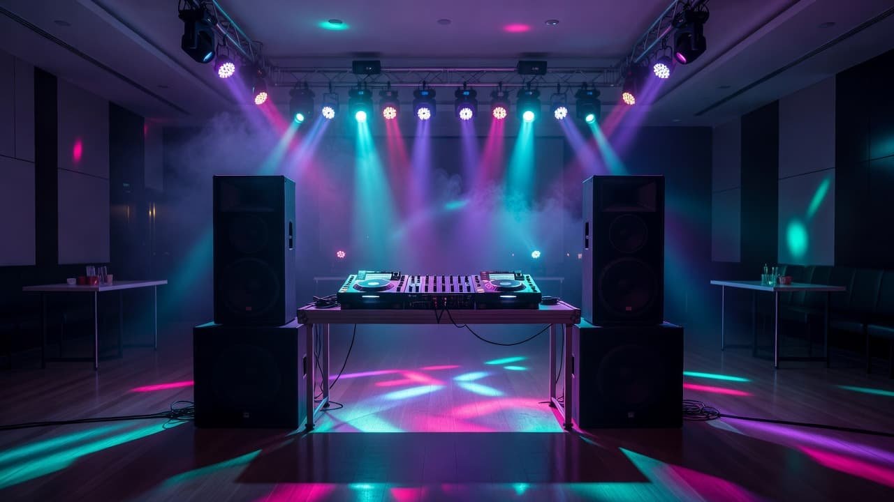 Sweet 16 DJ Checklist for Parents Who Want Zero Surprises An array of high-end audio speakers and mixing consoles stands on a polished floor. Radiant LED beams sweep across the dark room, casting vibrant purple and blue hues over the equipment.