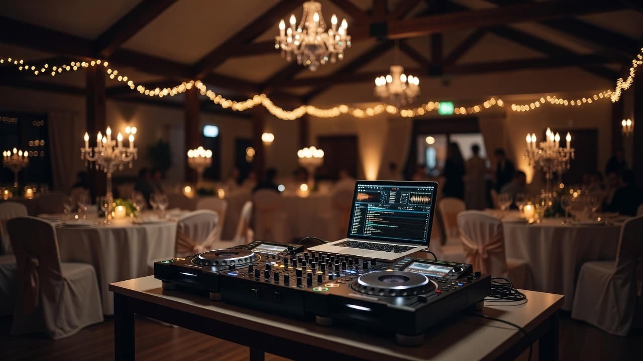 Cocktail Hour Wedding Music for New Hampshire Couples A professional DJ mixing console and laptop set up at a festive wedding reception venue.