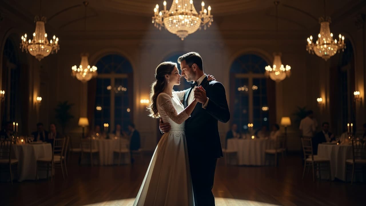 Wedding First Dance Songs for Every Reception Style A newlywed couple dancing together in a dimly lit, elegant ballroom.