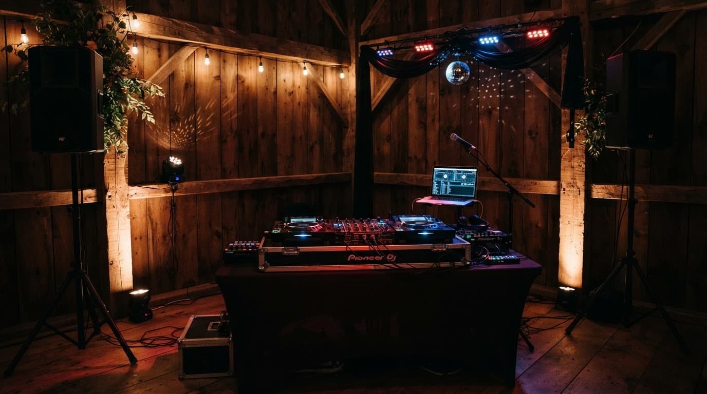 DJ console, turntables, and speakers lit inside a rustic barn wedding venue.