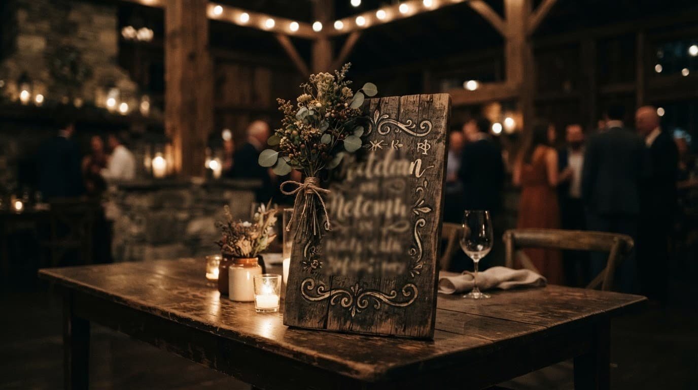 A rustic wooden sign sitting on an antique table under dramatic lighting.