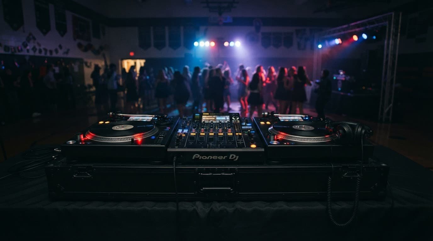 A DJ console and turntable under dramatic lights in a school event hall.