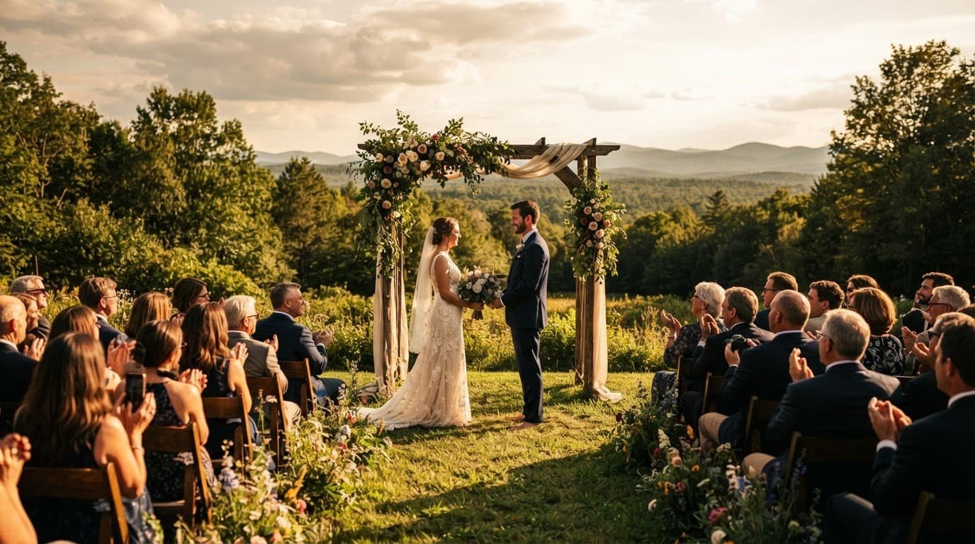 An intimate couple at the altar while guests watch peacefully.