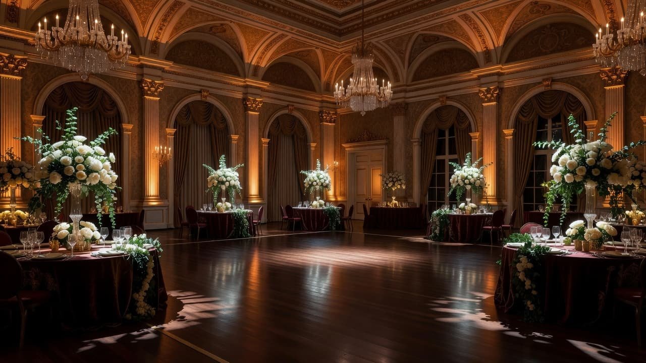 Warm amber uplighting and pin spots illuminate an empty wooden dance floor in a luxurious ballroom.