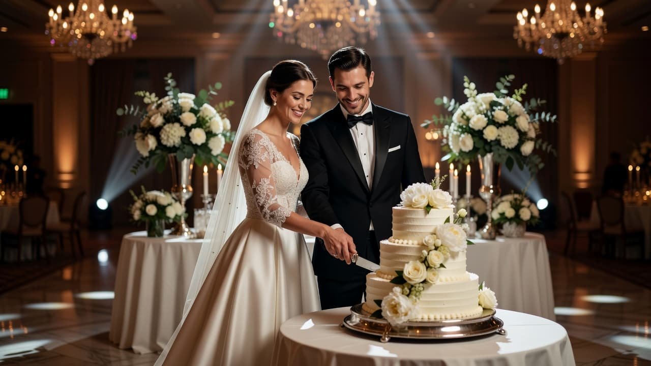 A bride and groom cutting a tiered wedding cake at an evening reception.