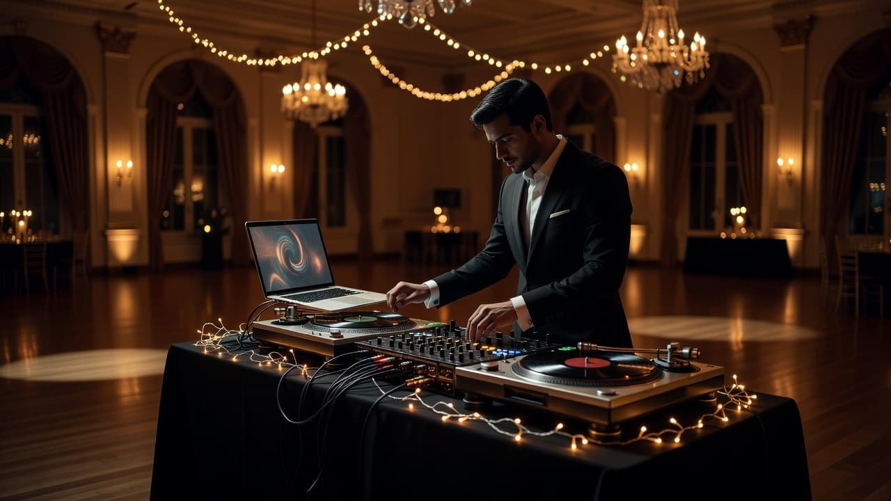 How to Handle Wedding Guest Song Requests Gracefully An illuminated wedding DJ booth with a laptop in a warm ballroom.