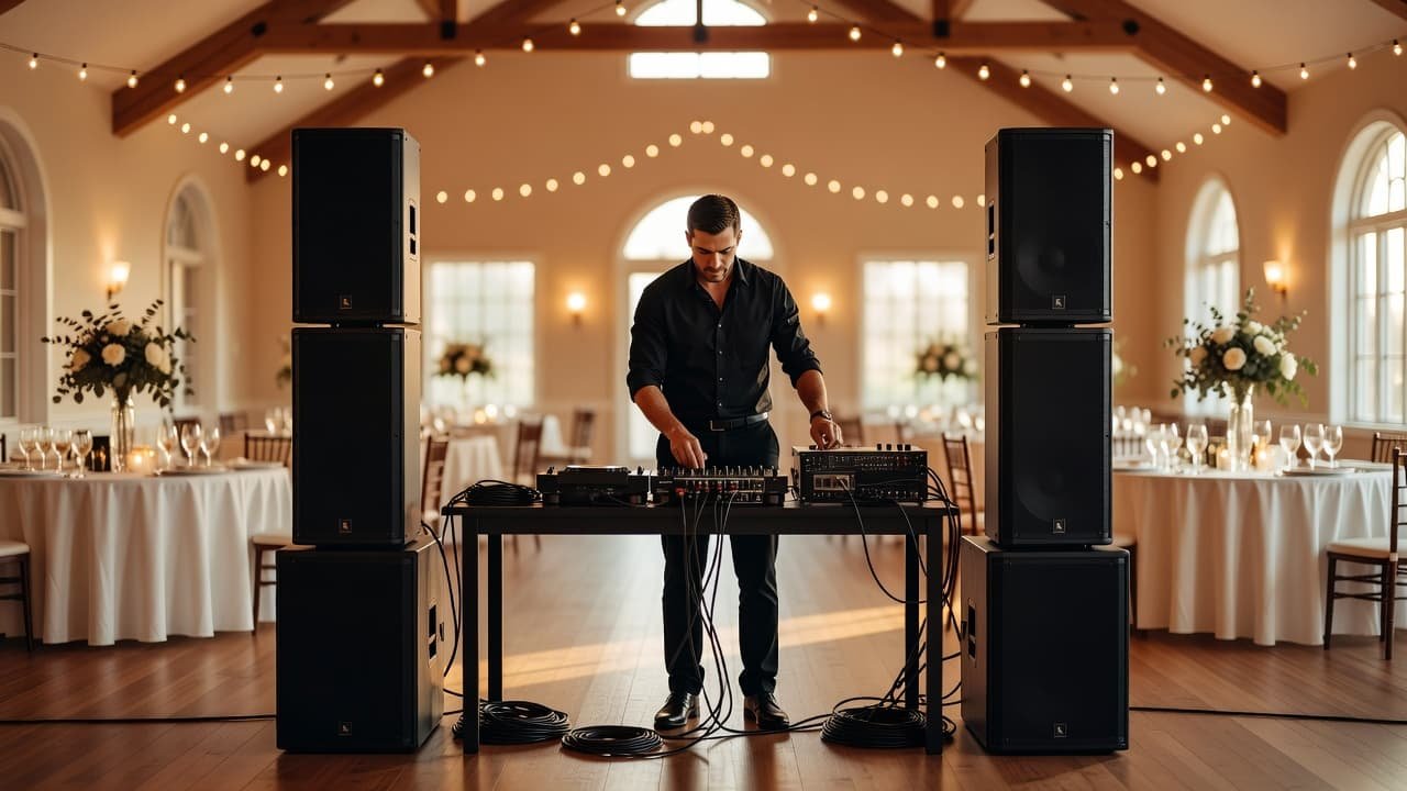Professional DJ sets up speakers and a mixing console in a spacious, sunlit wedding reception venue.