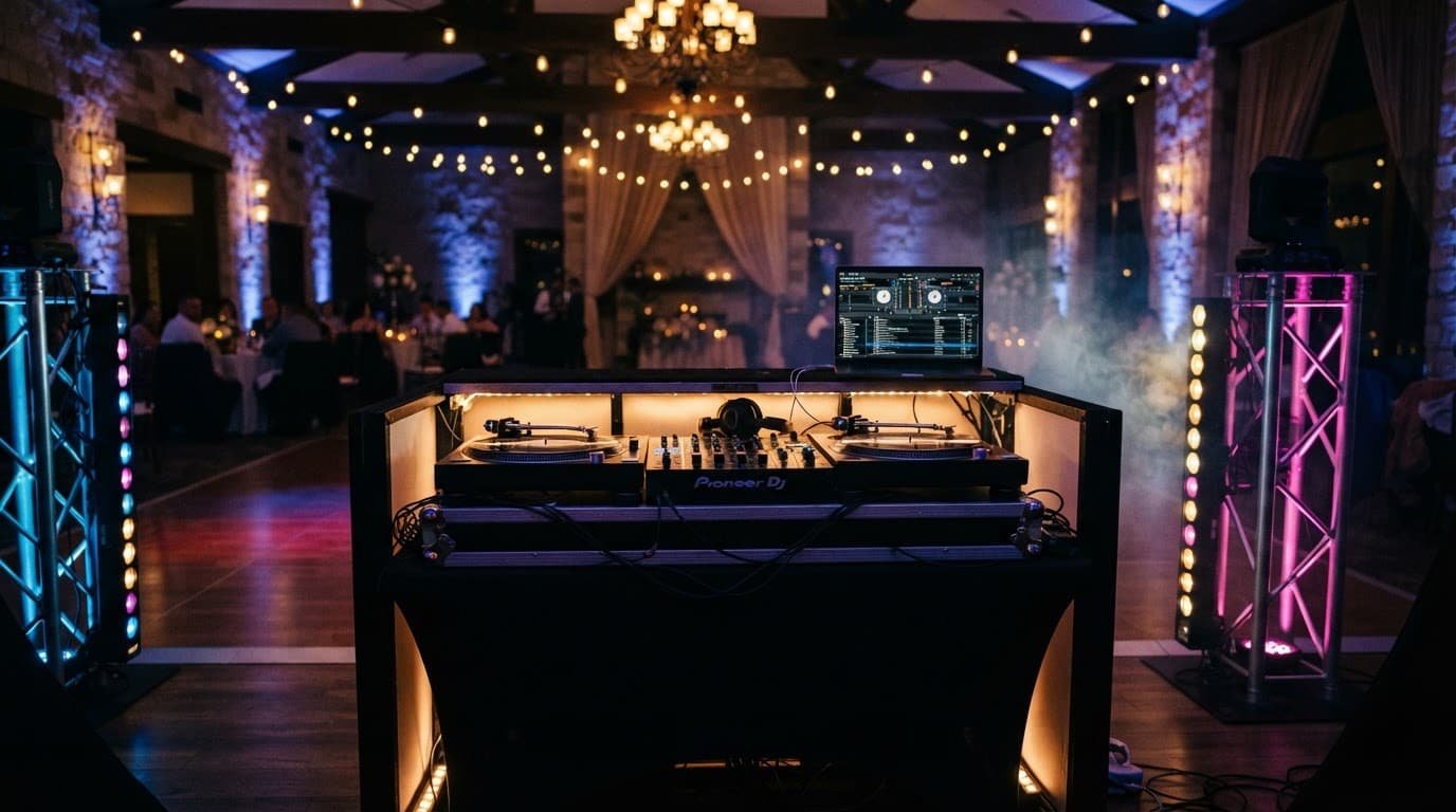 Professional DJ turntables and lighting equipment set up in an empty wedding reception venue.