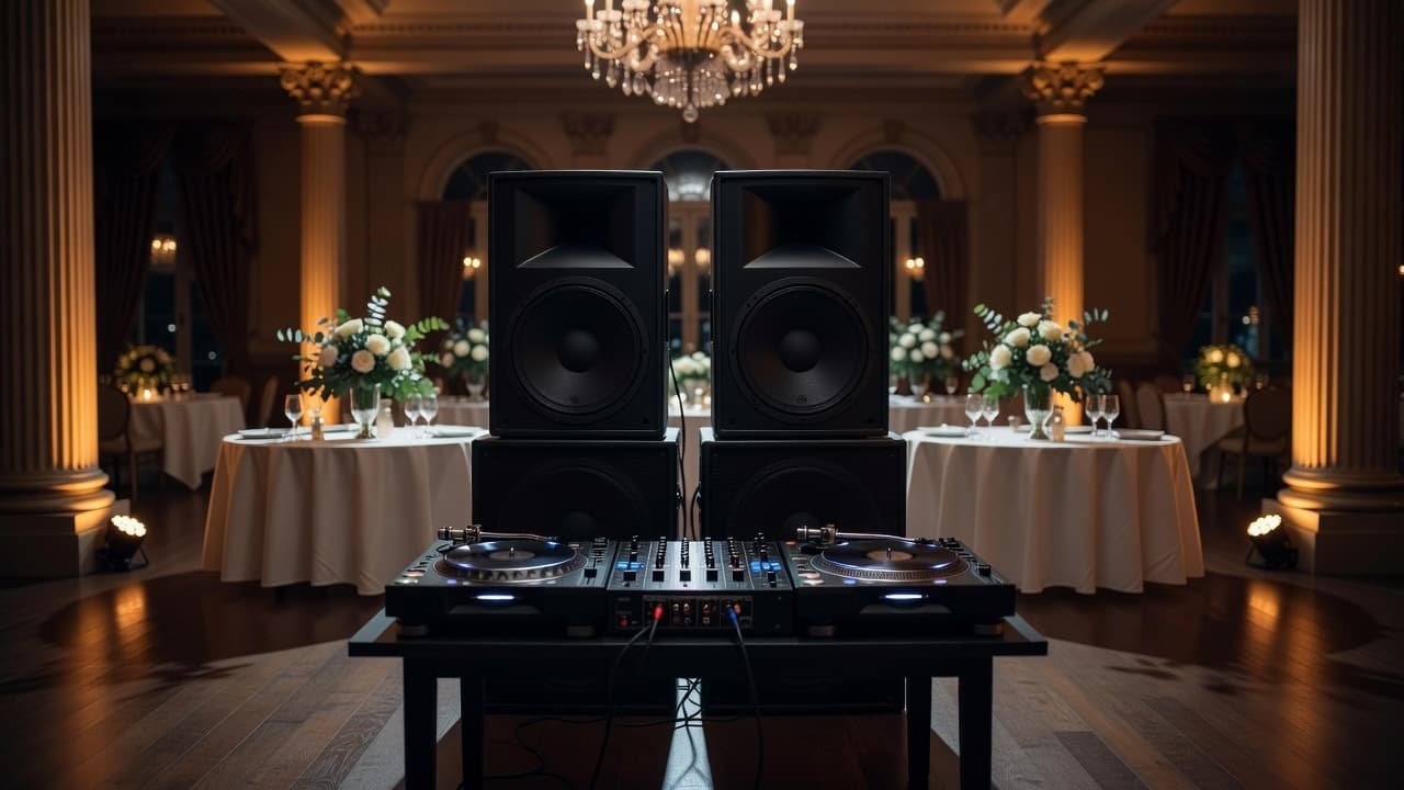 DJ turntables, speakers, and warm amber uplighting inside an empty wedding reception hall.