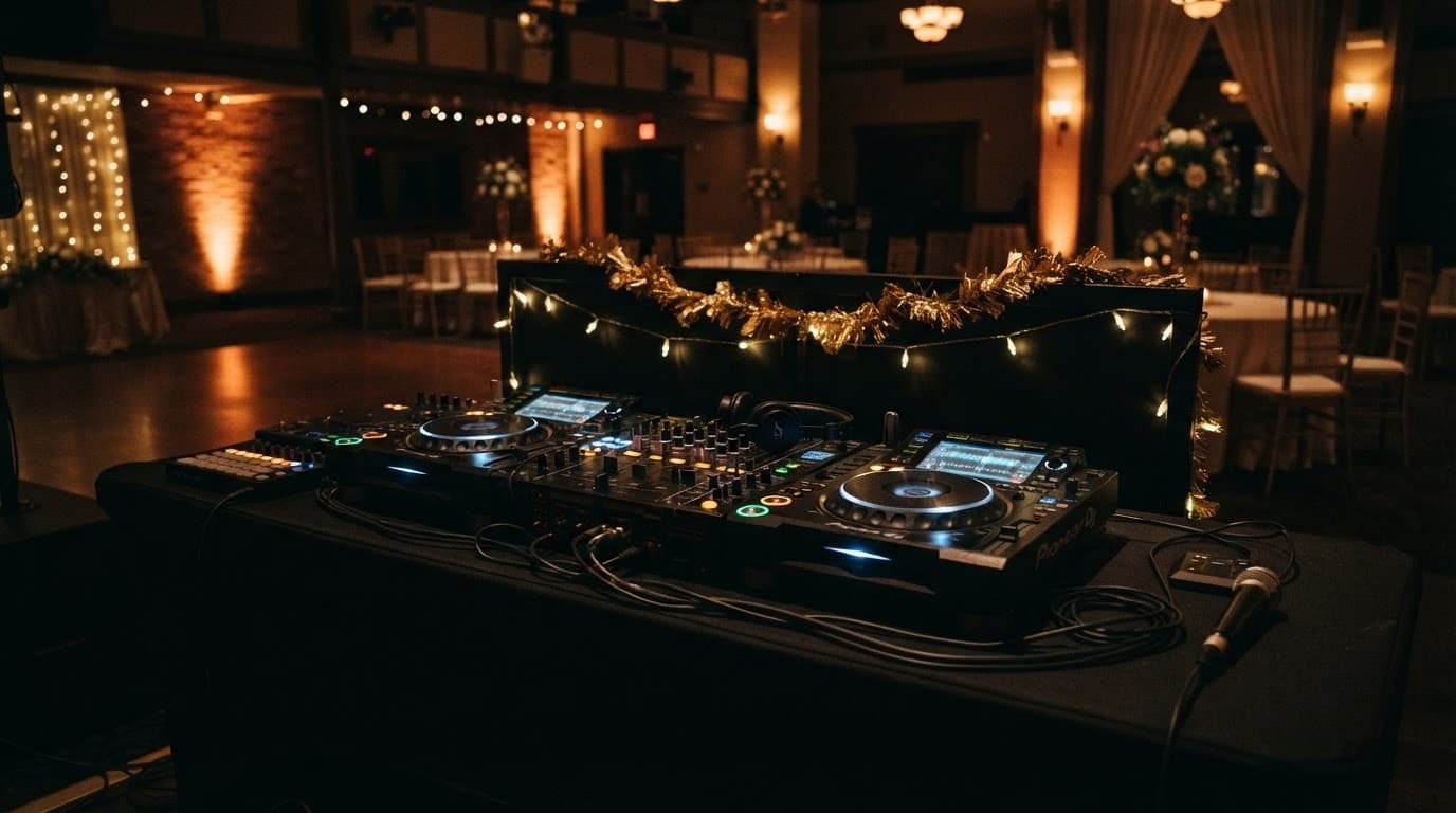 Professional DJ turntables and mixing gear on a sleek table under warm lighting in an empty venue.