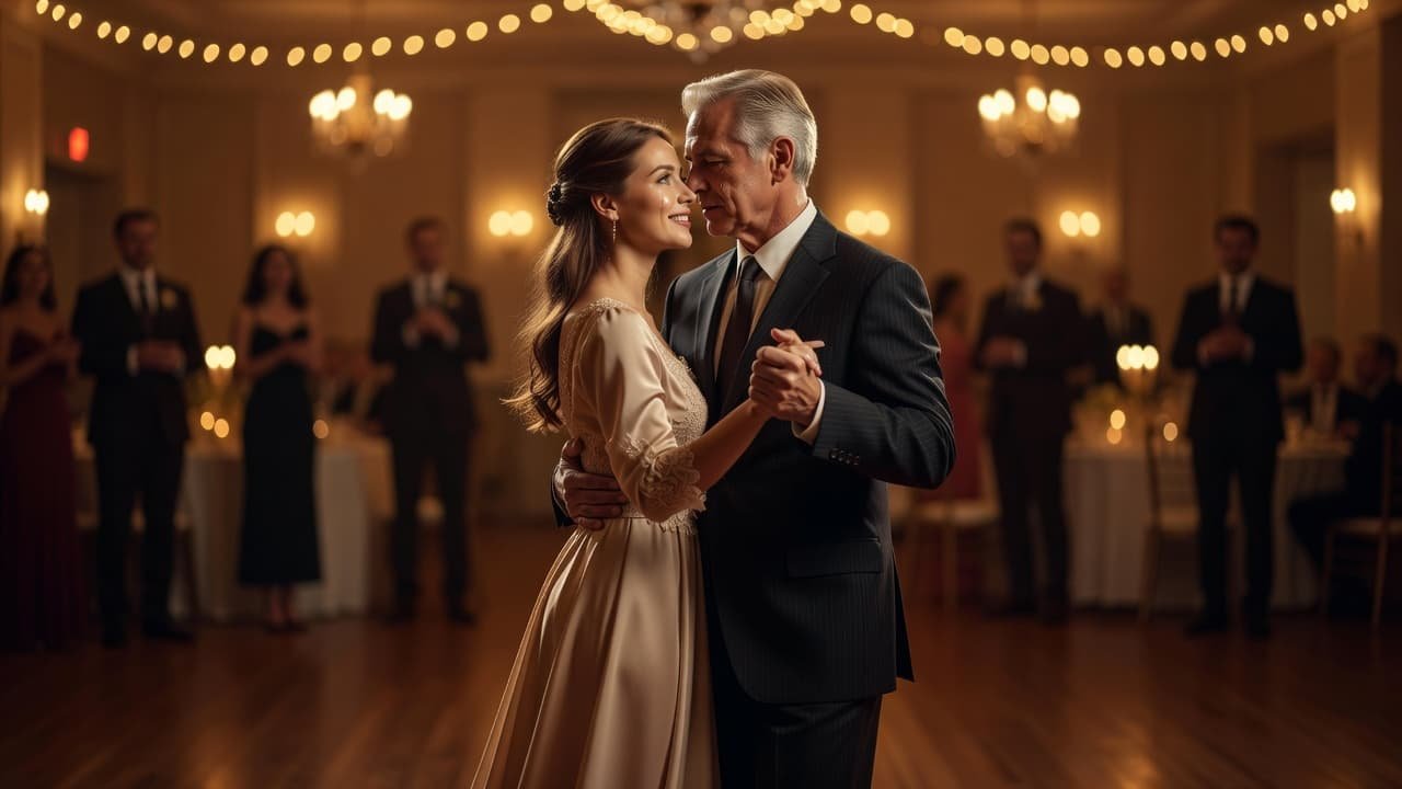 How to Choose Parent Dance Songs That Feel Personal An adult child and parent dancing together at a wedding under warm lighting.