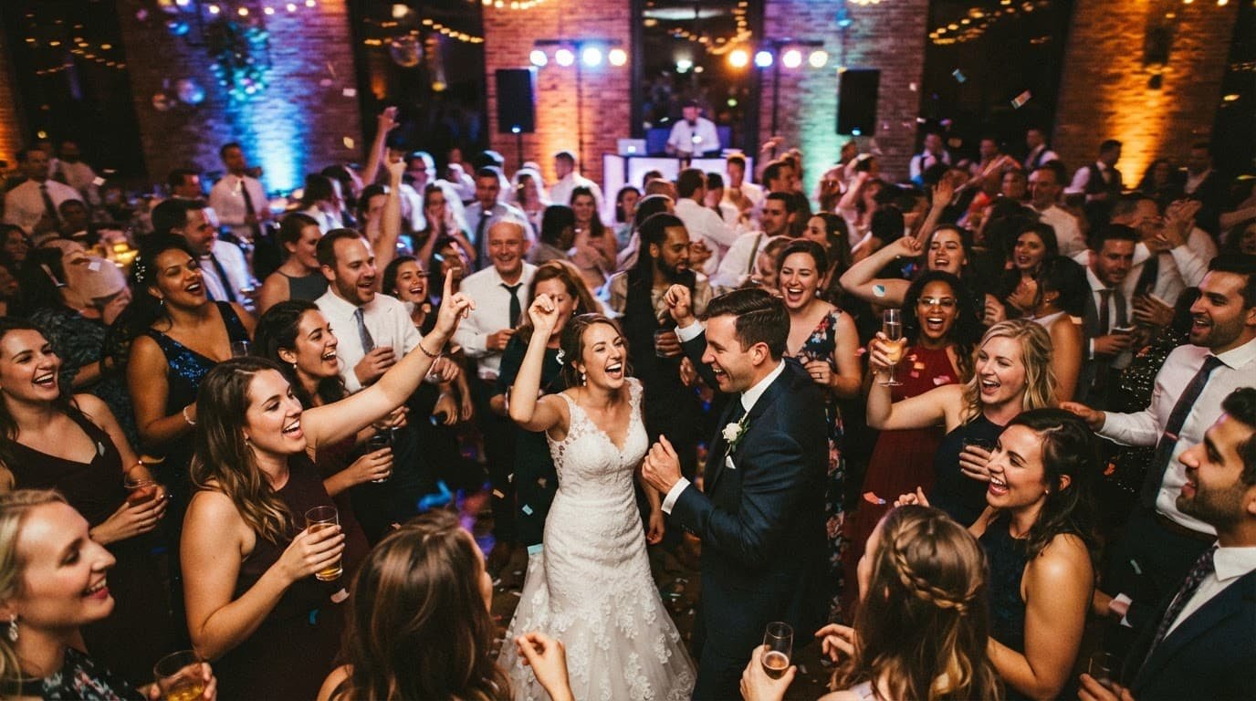 A crowded wedding reception dance floor filled with celebrating guests under warm and colorful lights.