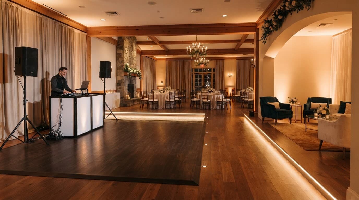 A wedding ballroom with a DJ booth, dance floor, wide paths, and a quiet seating area.