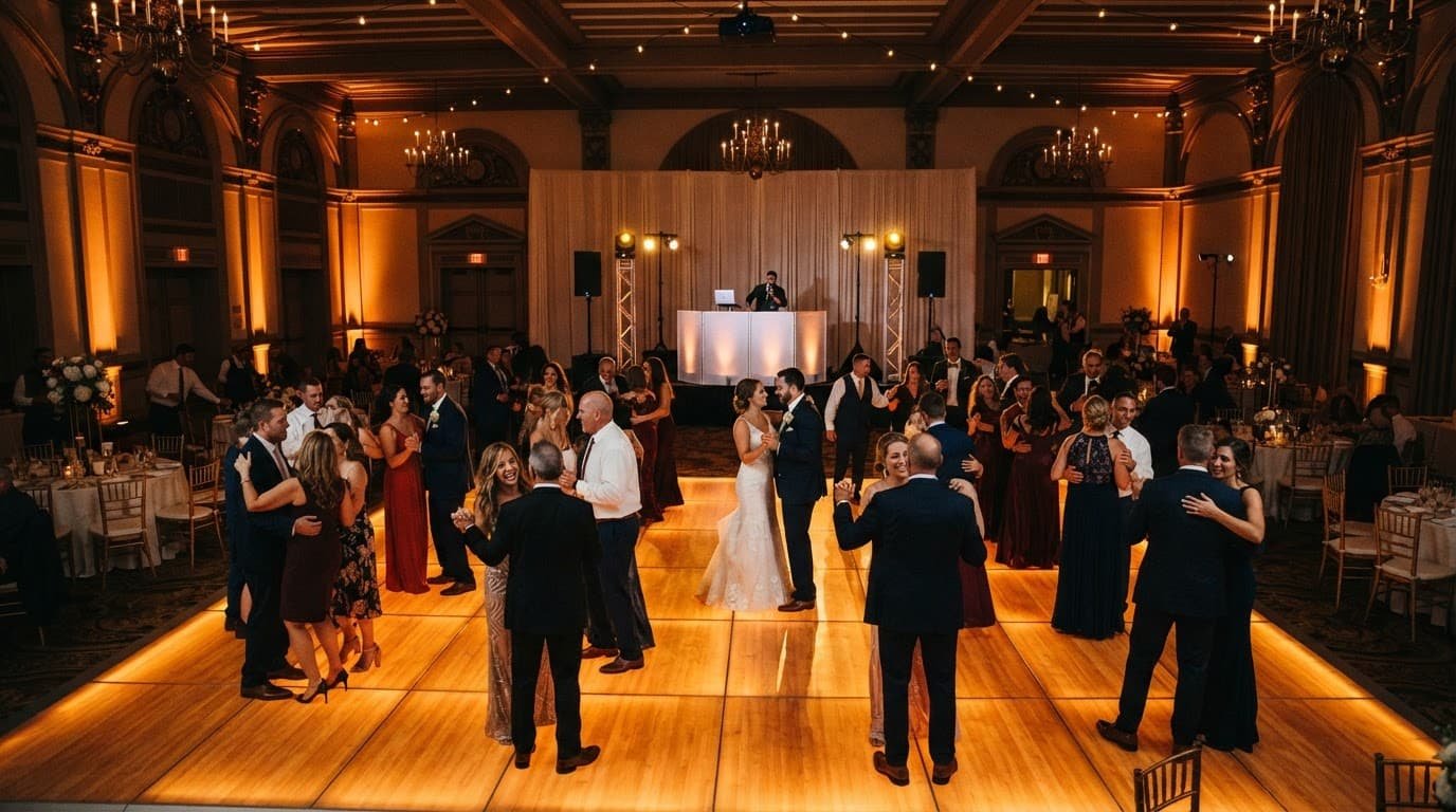 A wedding ballroom with a glowing dance floor, amber lights, and one distant DJ facade.