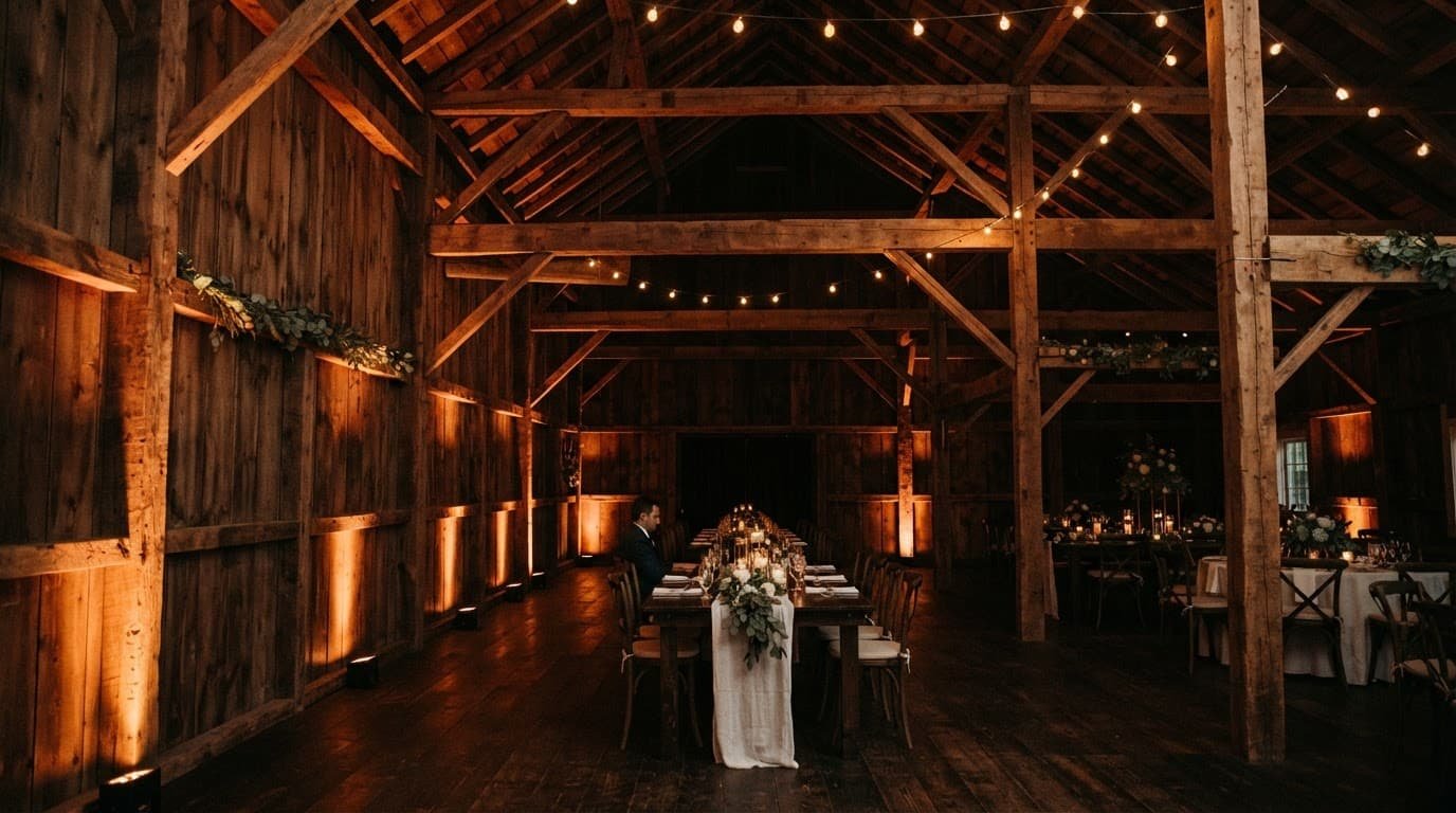 A wedding reception glows with amber light inside a historic timber barn.