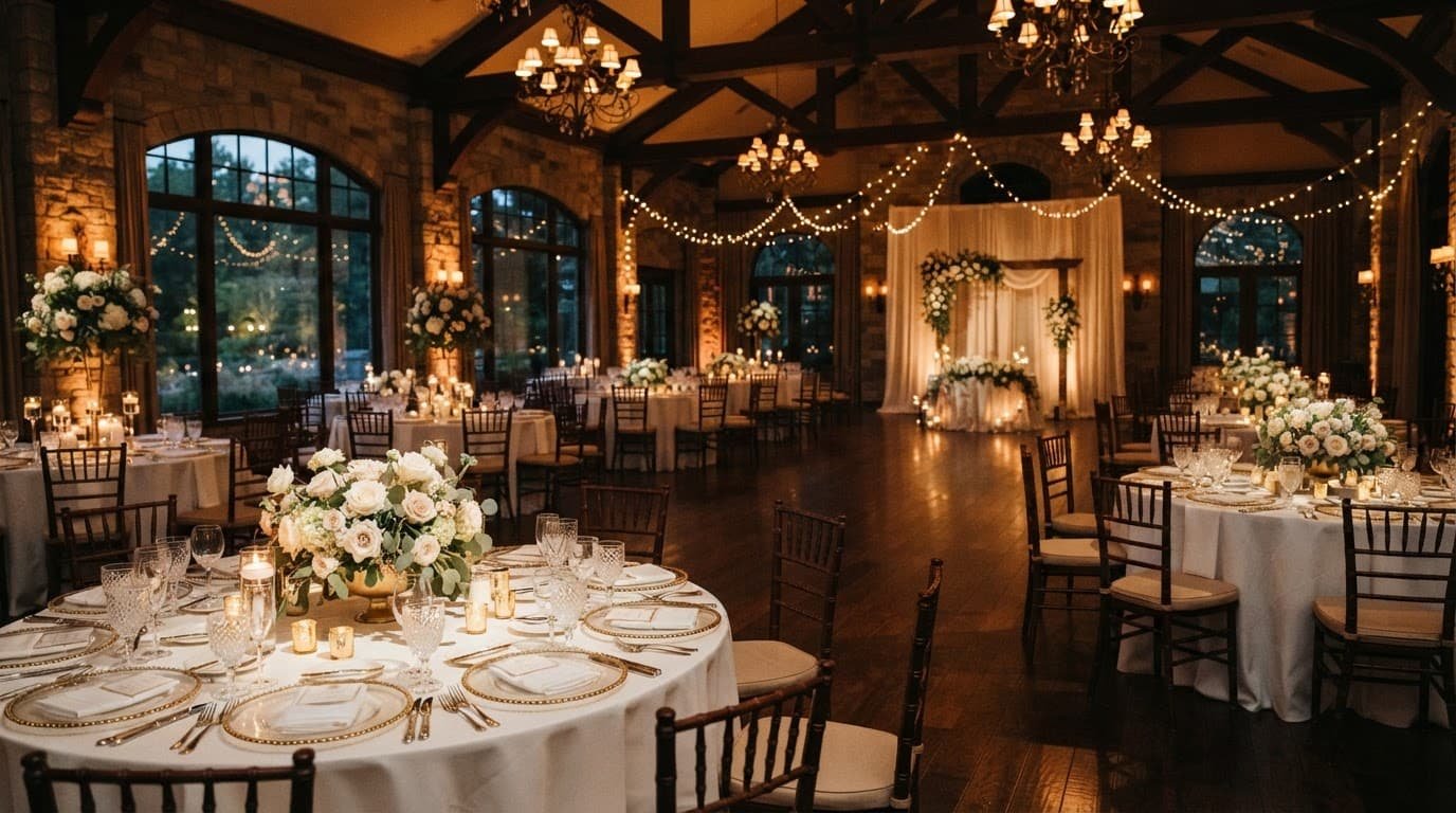 Wedding reception hall with round tables, flowers, and warm amber lighting.