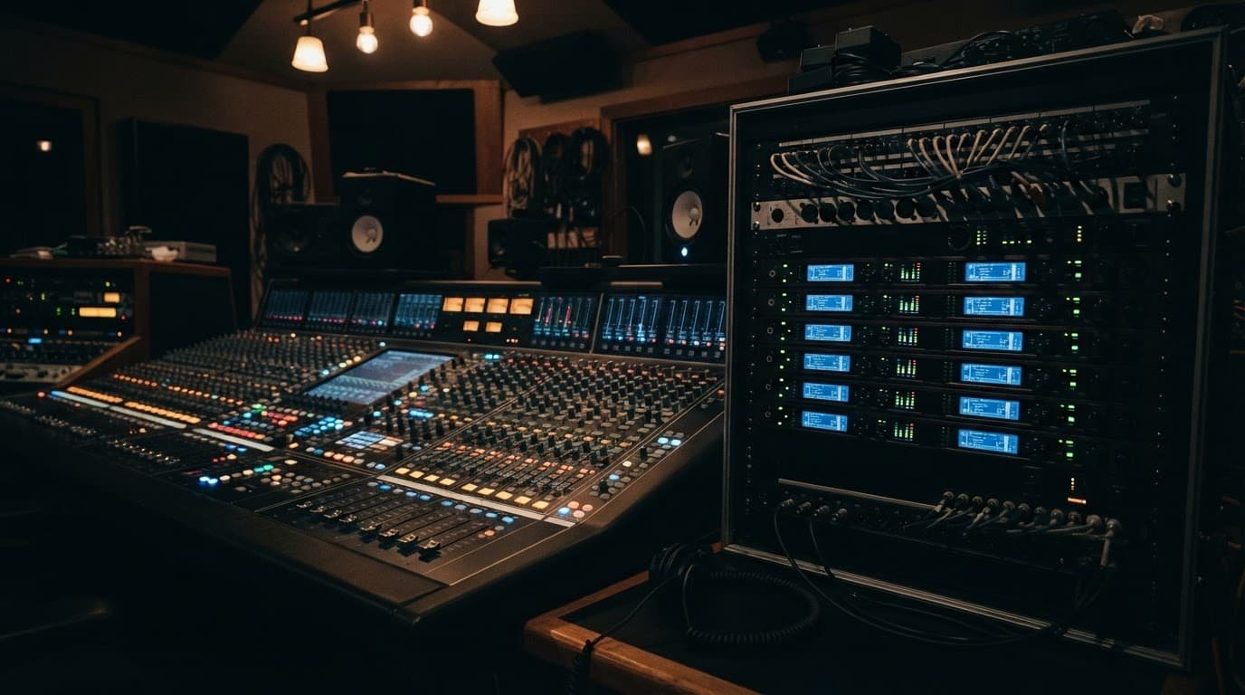Mixing console beside a wireless receiver rack under blue and amber lights.