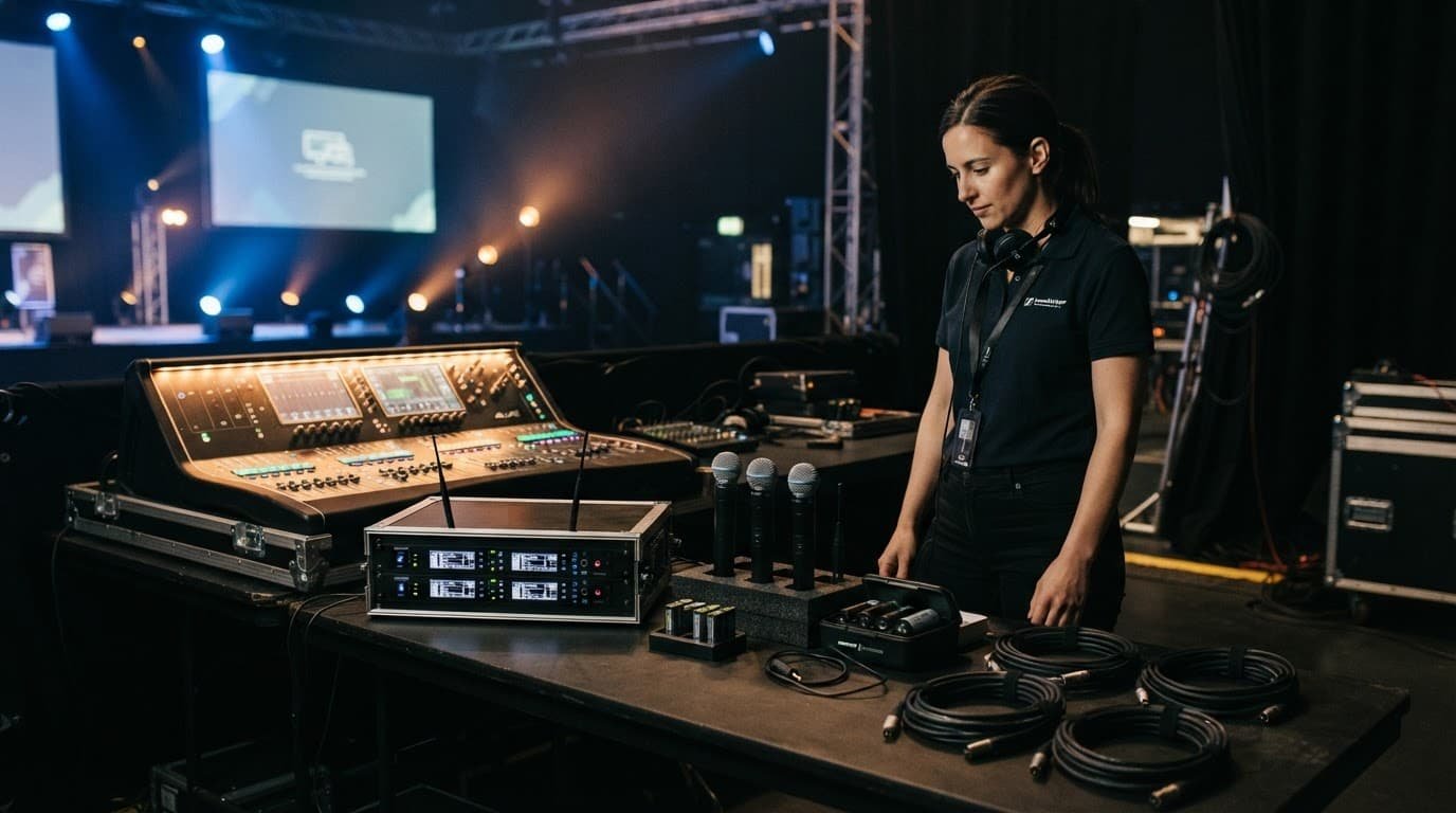 An AV technician prepares wireless microphones beside a mixing console and organized backup equipment.