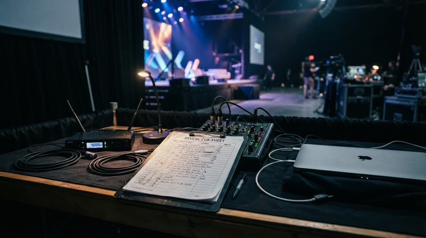 Product Launch DJ Music and Reveal Cues That Land A clipboard and event equipment sit on a backstage production table near blue stage lights.