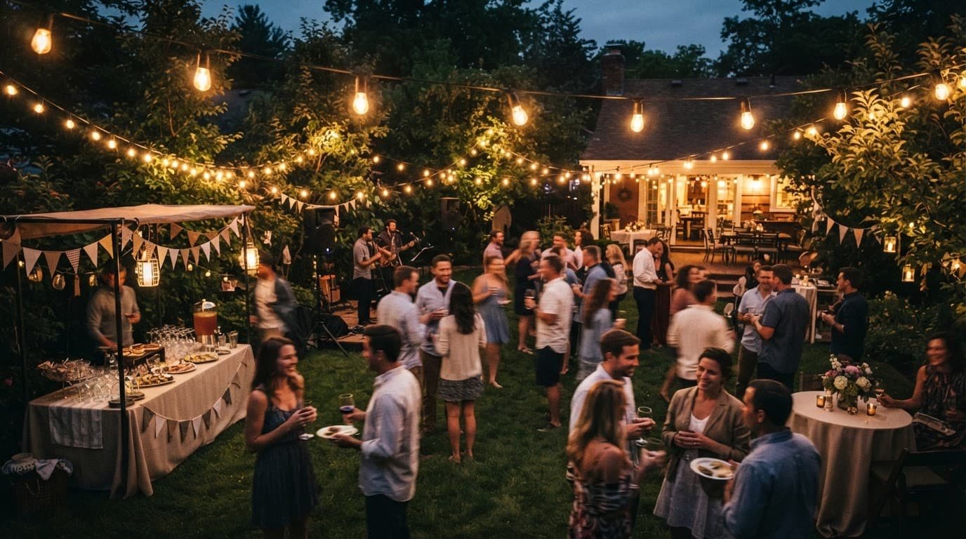Graduation Party DJ Checklist for a Smooth Celebration Guests mingle beneath string lights at an outdoor celebration.