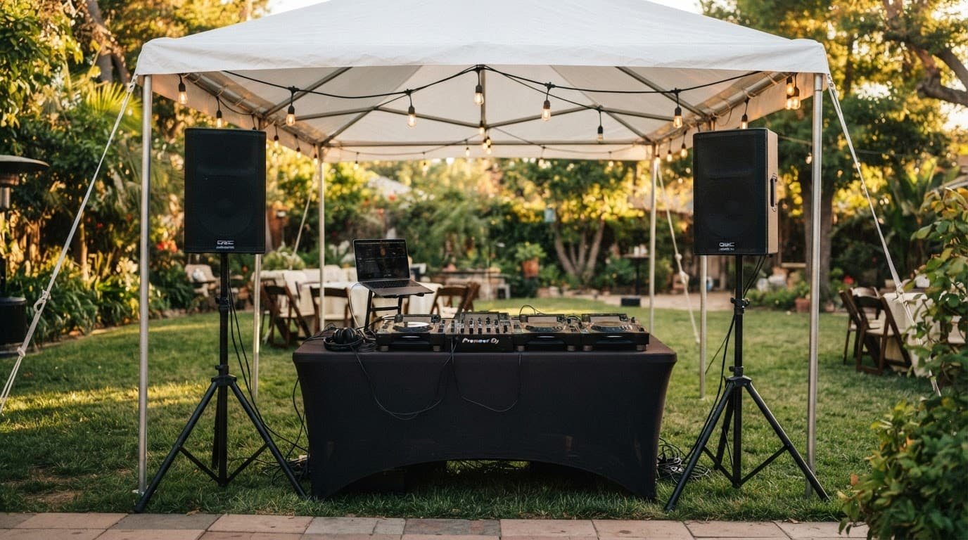 Graduation Party DJ Checklist for a Smooth Celebration DJ speakers and sound equipment under a white tent at a backyard graduation party.