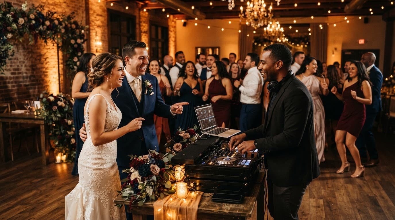 A couple and DJ coordinate music as guests dance in a warmly lit room.