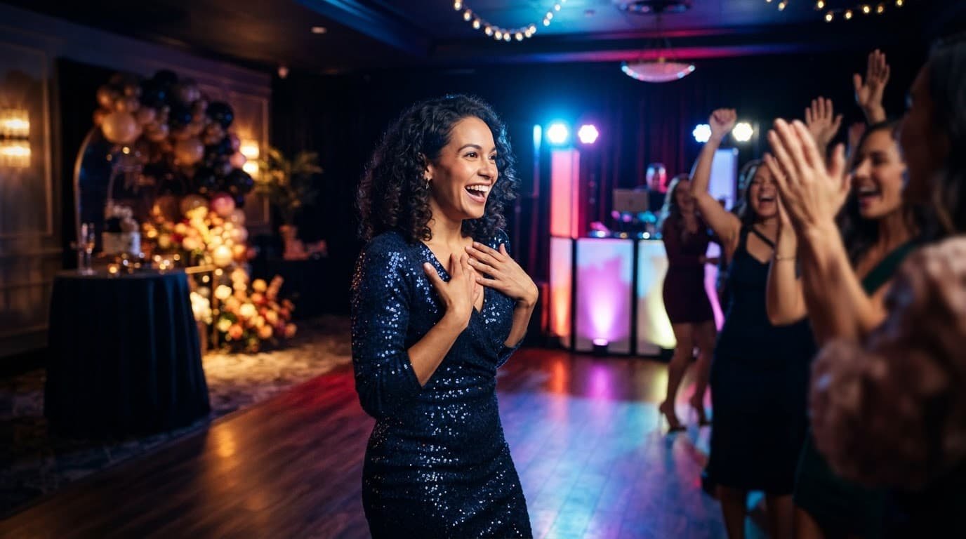 A birthday honoree turns toward cheering guests on a colorful dance floor.