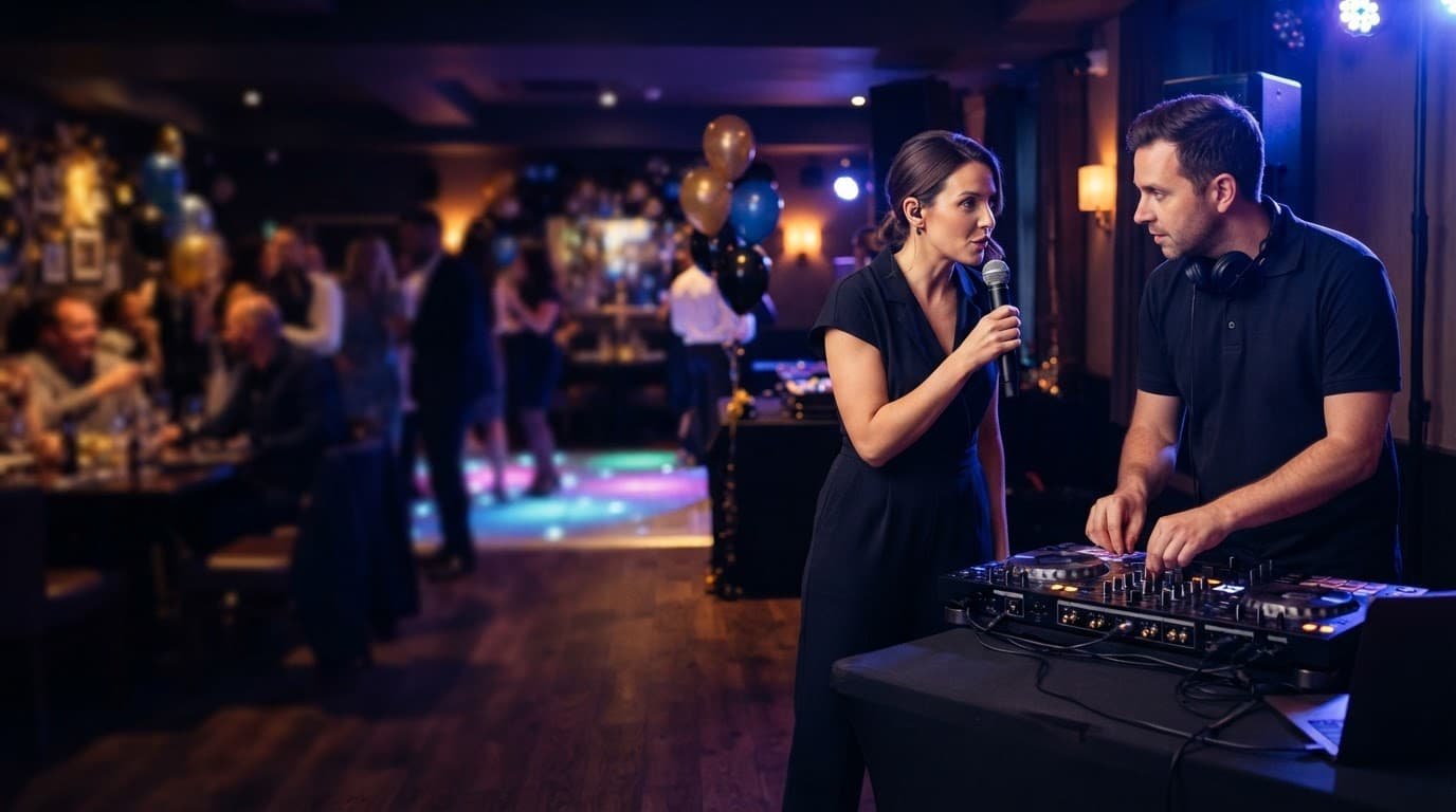 A DJ and host coordinate a birthday surprise beside a console.