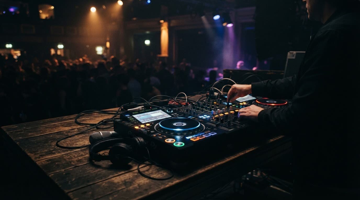 Middle School Dance Playlist Ideas for Every Grade DJ mixing equipment sits on a wooden table in a dim event hall.