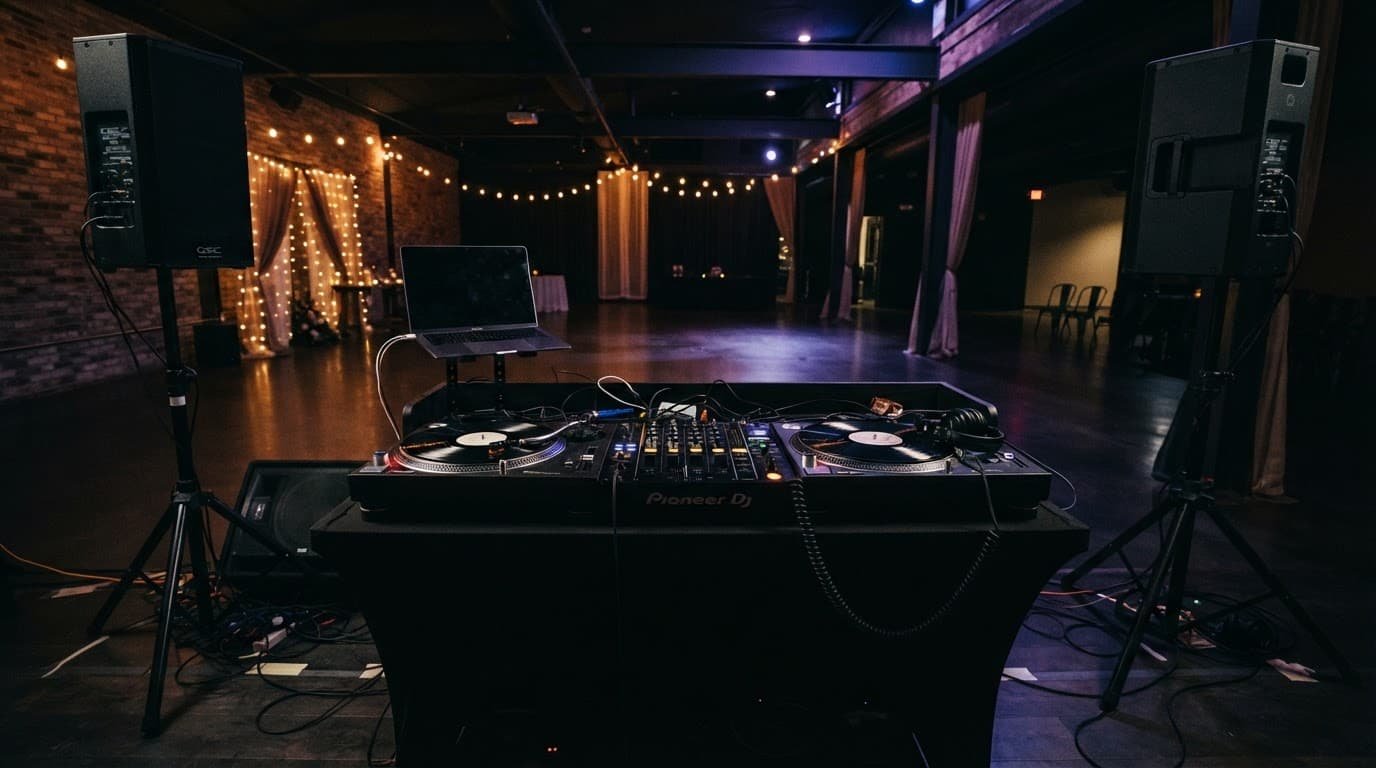 Speakers and turntables arranged on a console in a modern reception venue.