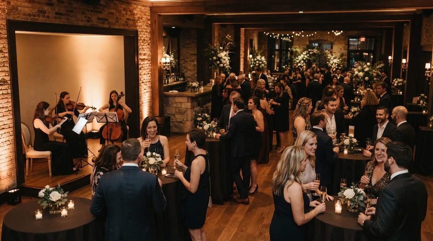 Cocktail Wedding Music That Keeps Guests Talking Guests mingle at cocktail tables while a three-musician string trio performs nearby.