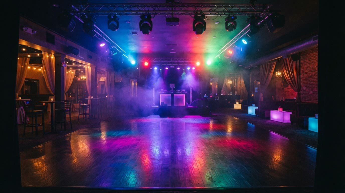 An empty dance floor glowing under colorful lights and soft haze.